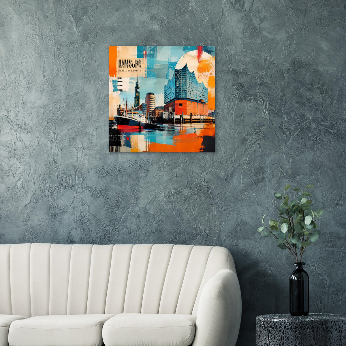 Wandposter mit Hamburger Hafen und Elbphilharmonie, türkis und orange, abstrakte Ansicht