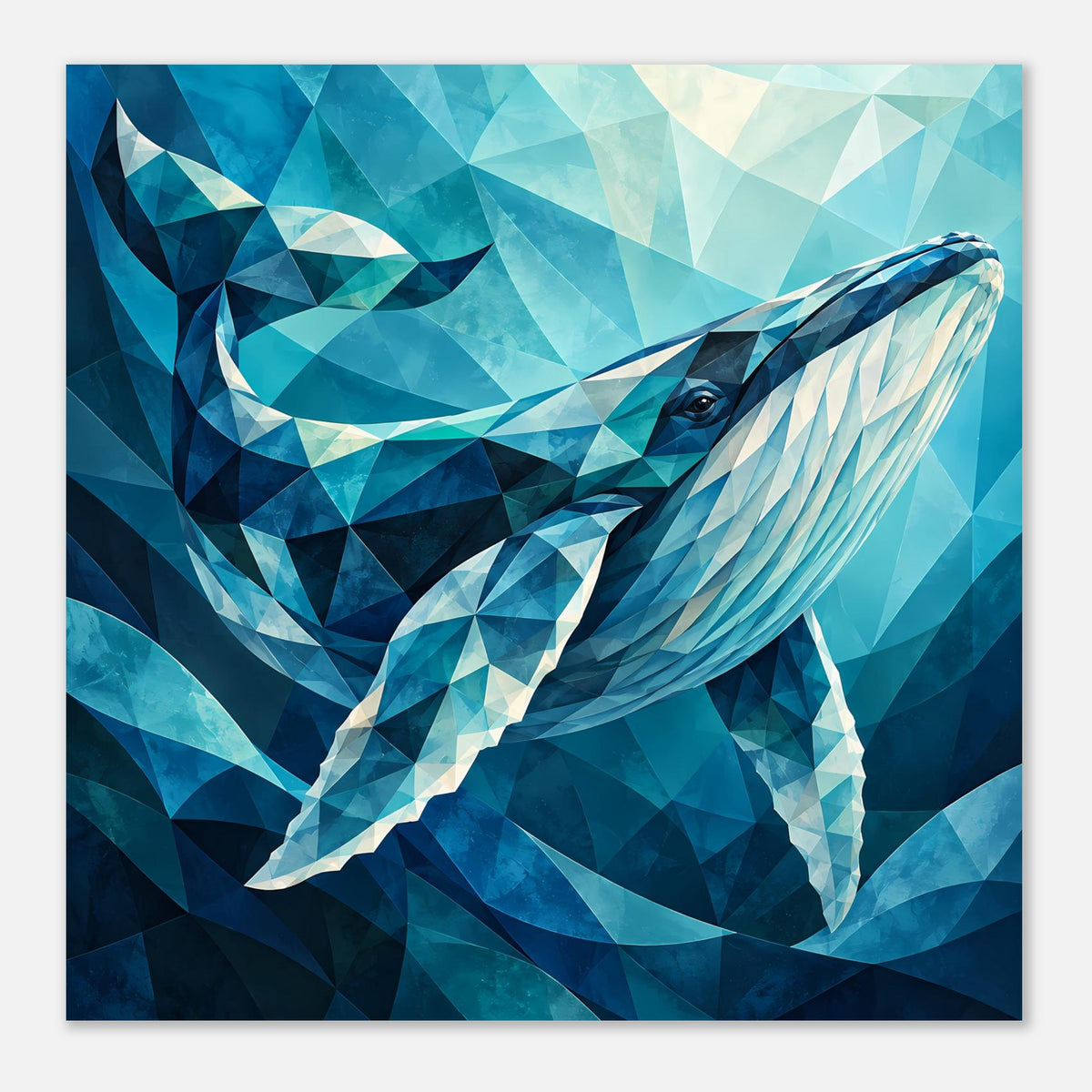 Wandposter mit geometrischem Blauwal-Motiv in Blau/Aquamarin, zentriert