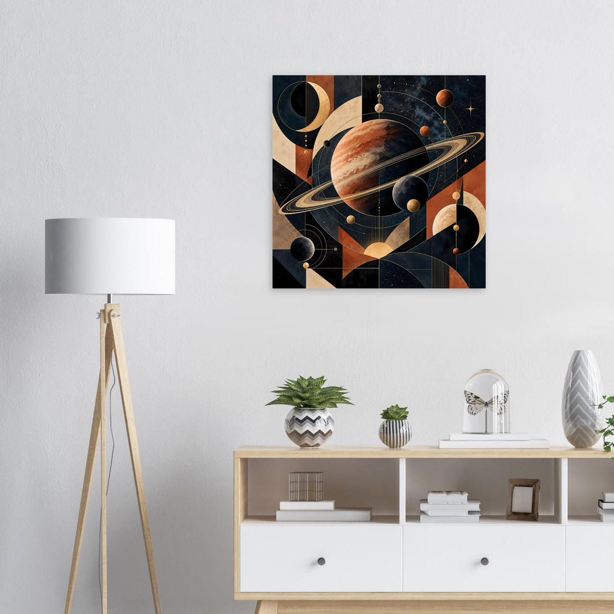 Wandposter mit abstraktem Weltraum-Motiv: Planet, Ringe und Kugeln in warmen Erdtönen