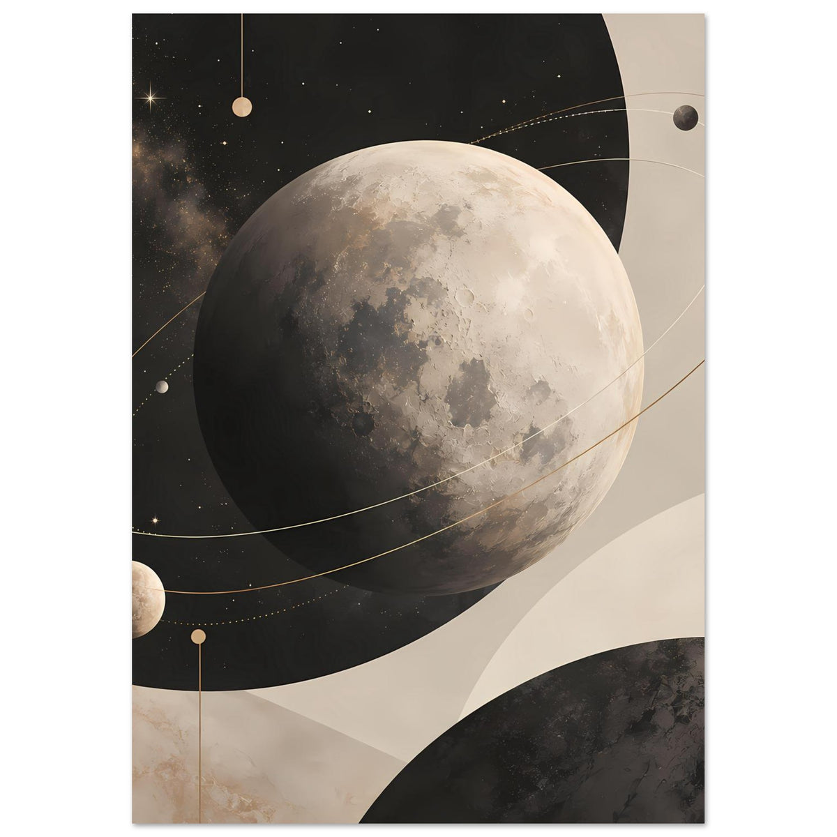 Abstraktes Mond-und-Sterne-Poster mit goldenen Linien und erdigen Flächen im Format Hoch.