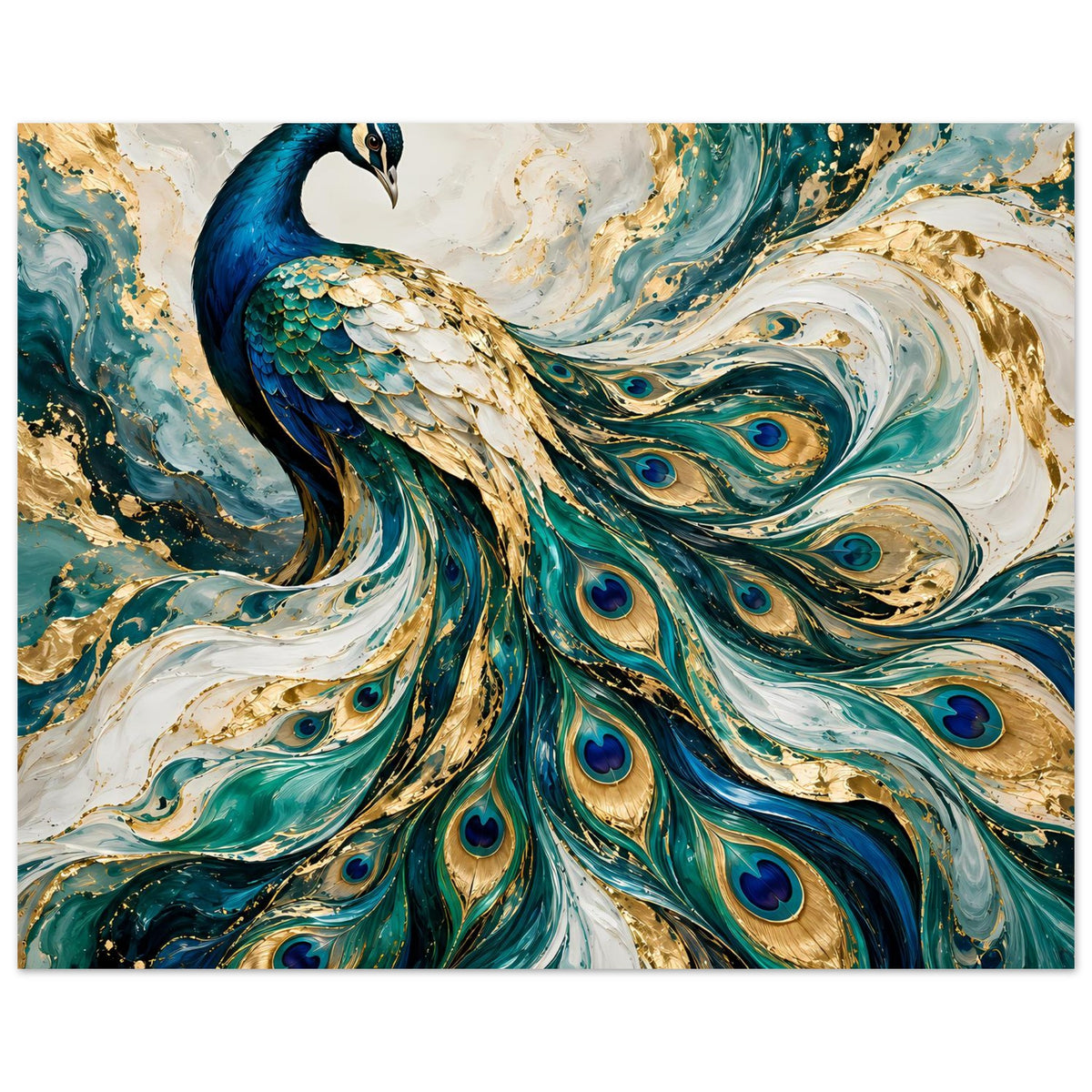 Pfau-Kunstposter im Querformat: blauer Pfau mit schillernden Federn in Türkis und Gold