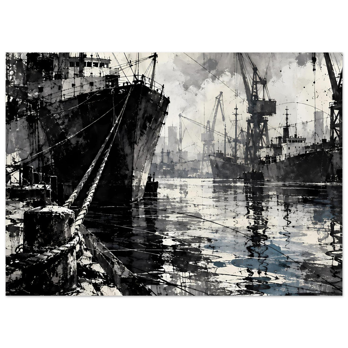 Poster Hafen in Schwarz-Weiß: großes Schiff nahe Vorderkante, Kräne im Hintergrund, Wasserreflexionen