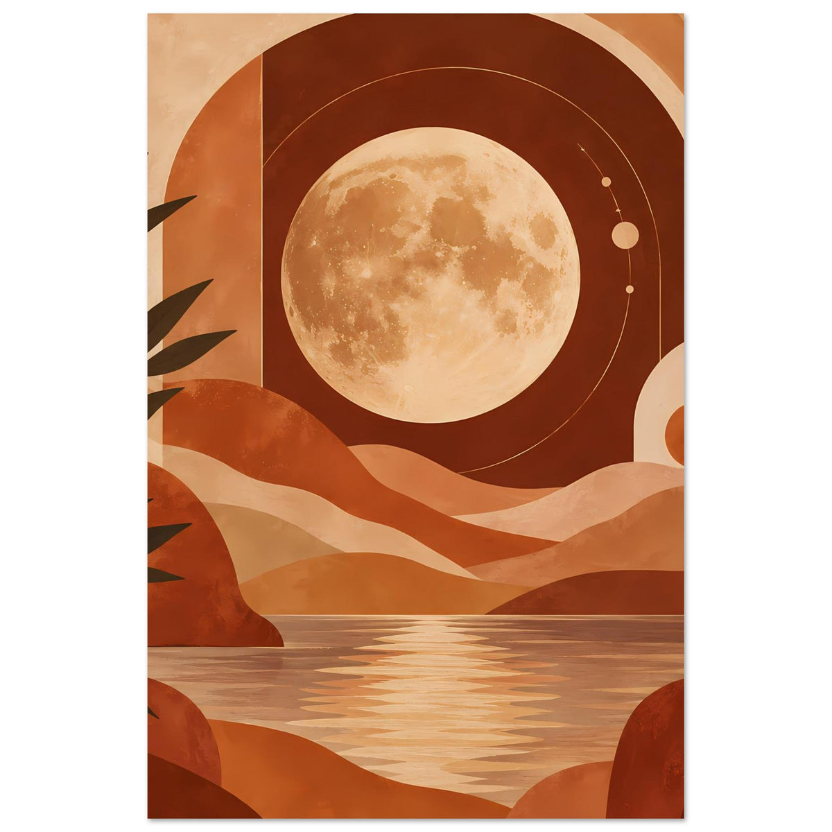 Boho-Poster mit Vollmond über Wüste, Terrakotta- und Beigetönen, Sandspiegelung, Palmen