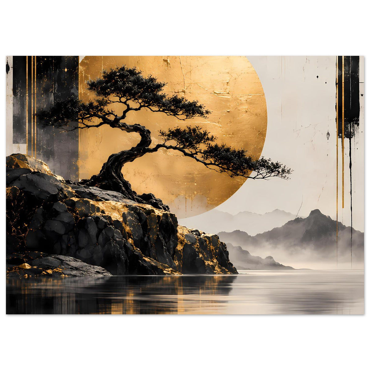 Breites Poster mit goldener Sonne, Bonsai-Ästen, dunklen Felsen und ruhigen Wasserreflexen