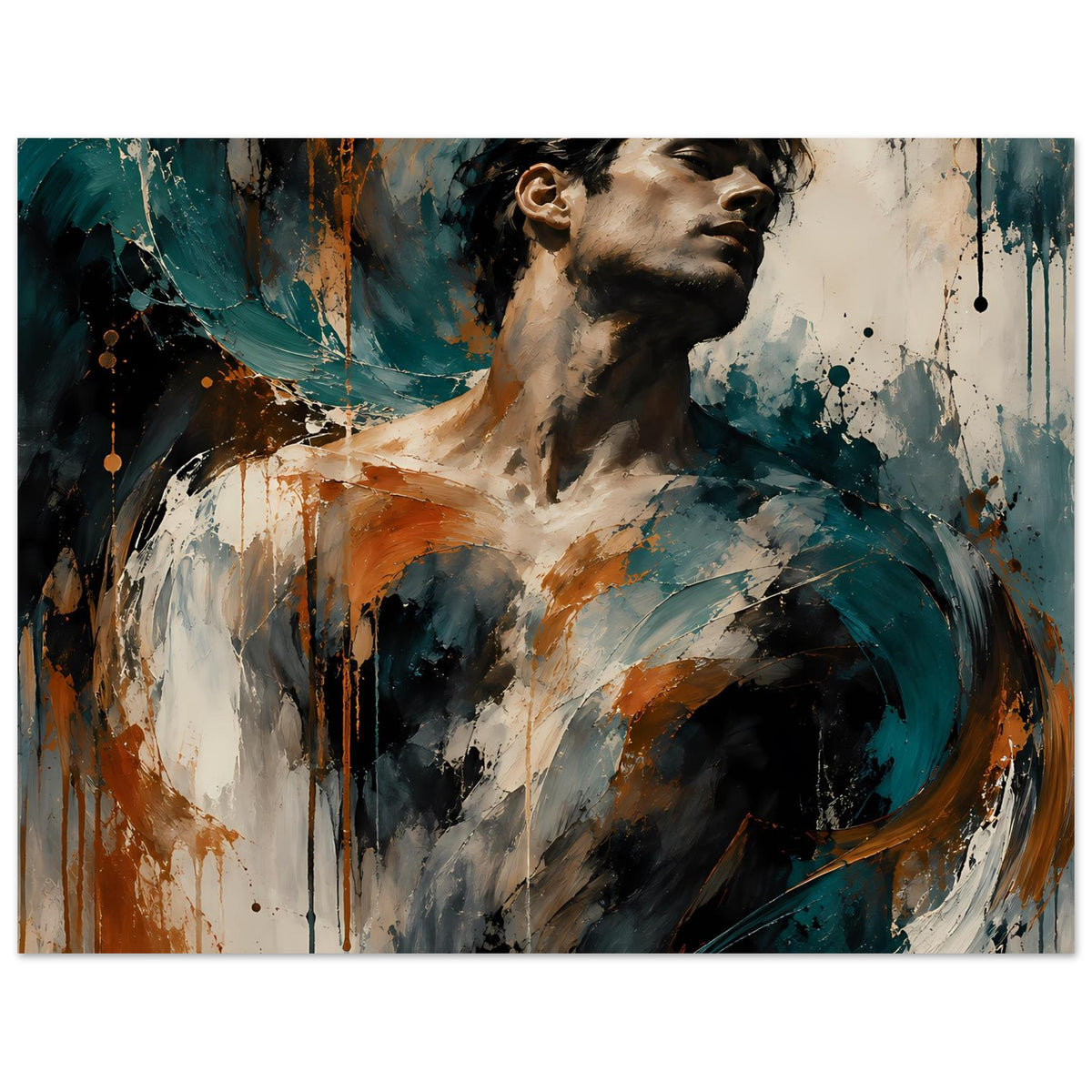 Kunstposter mit Porträt im Querformat, Kopf und Oberkörper, Teal, Rostorange, Farbtropfen