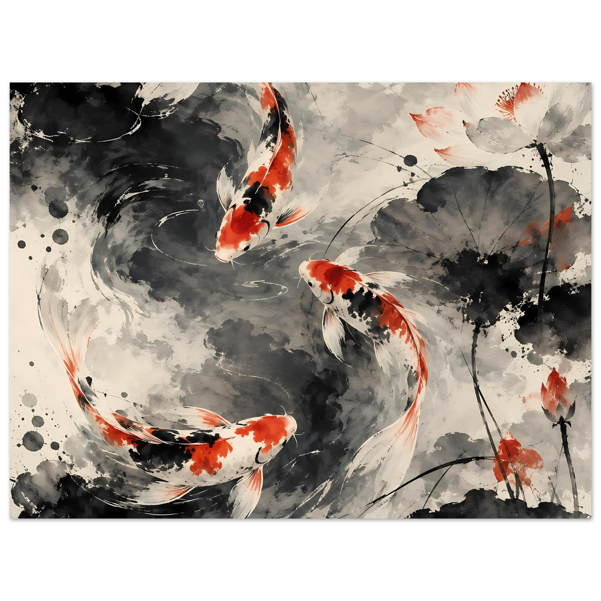 Querformat-Poster mit Koi-Fischen, orange-rote Akzente und grauschwarze Tuscheflächen