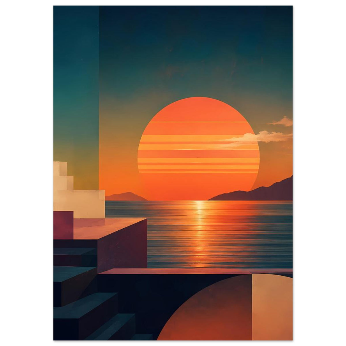 Kunstdruck mit dunklem Rahmen: geometrische Architektur links, orange Sonnenkreis über Wasser