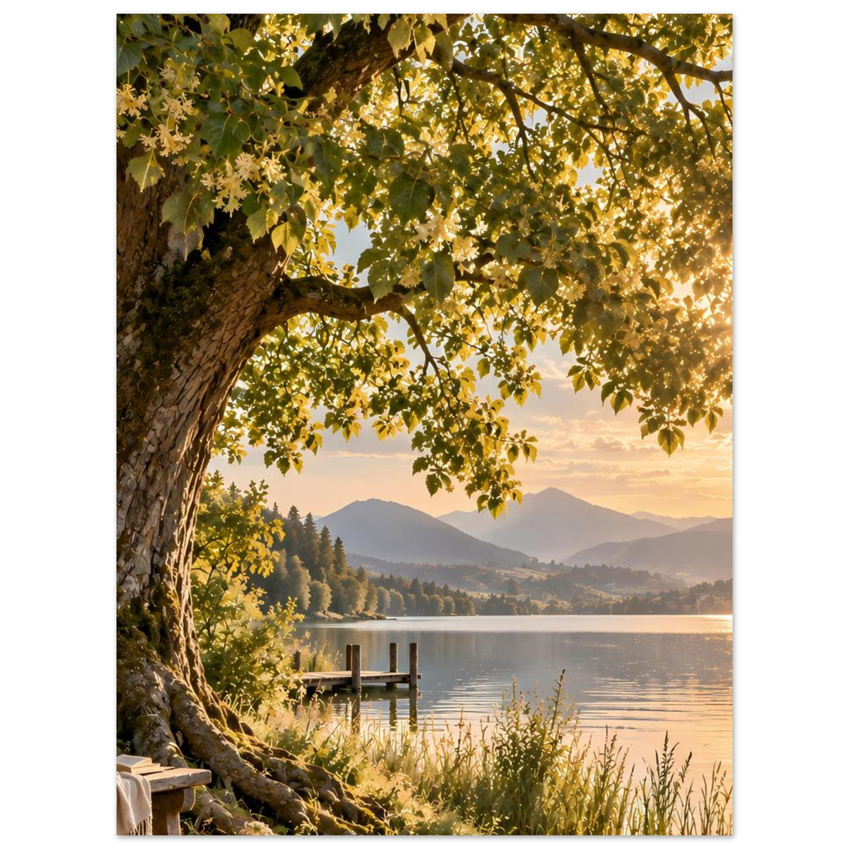 Naturposter: Baum am Ufer mit Gras am Rand, See, Steg und Bergkette