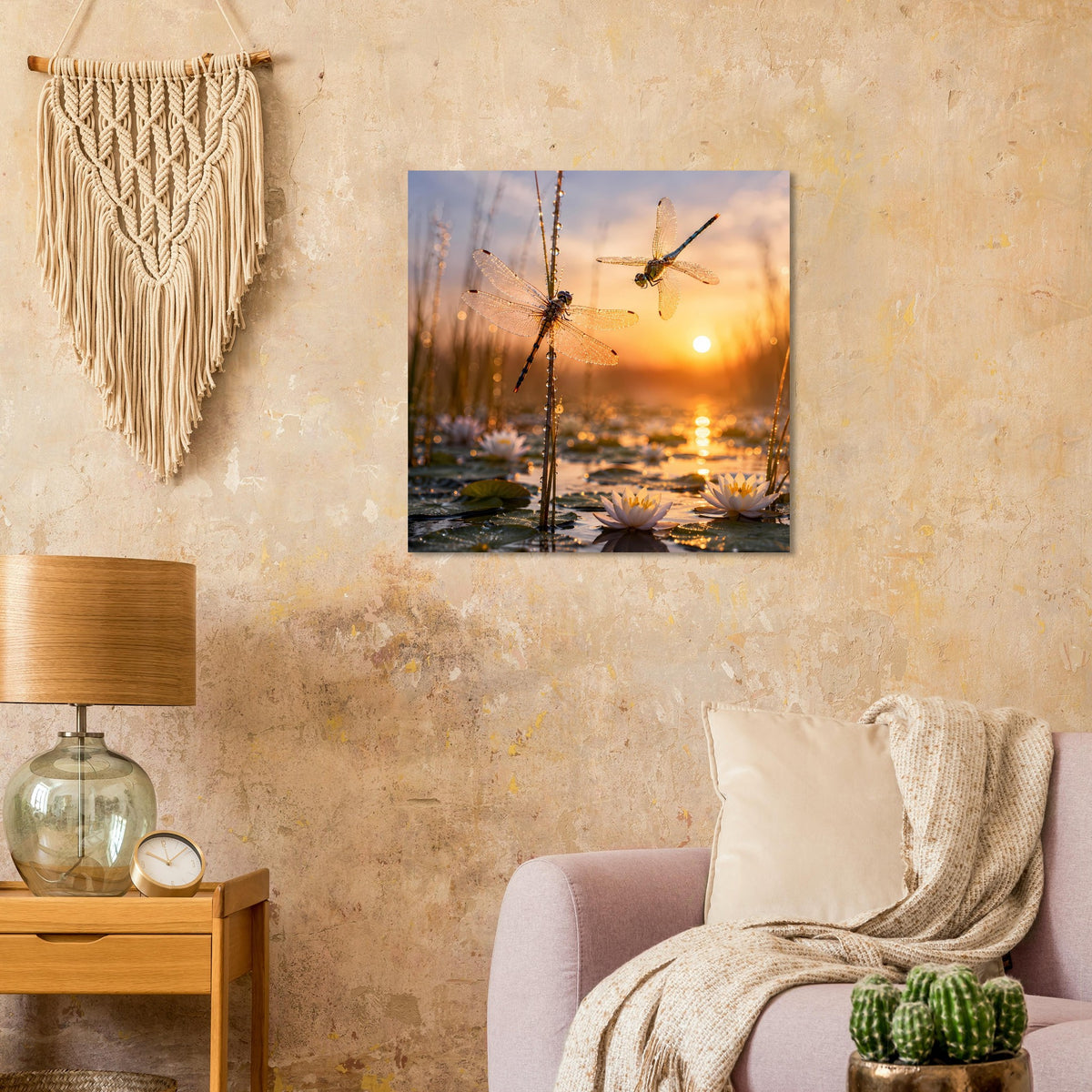 Poster mit Libellen über Seerosen vor goldenem Abendhimmel