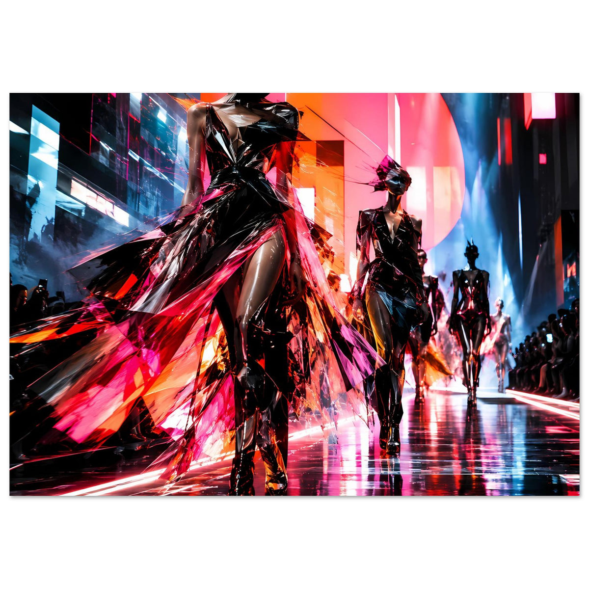 Neon-Mode-Poster mit Laufsteg-Silhouetten: vorderes Model im glänzenden Schwarz-Rot, Bühne mit Figuren