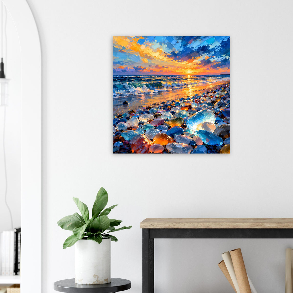 Poster mit Meer bei Sonnenuntergang und farbigen Steinen in der Uferlandschaft