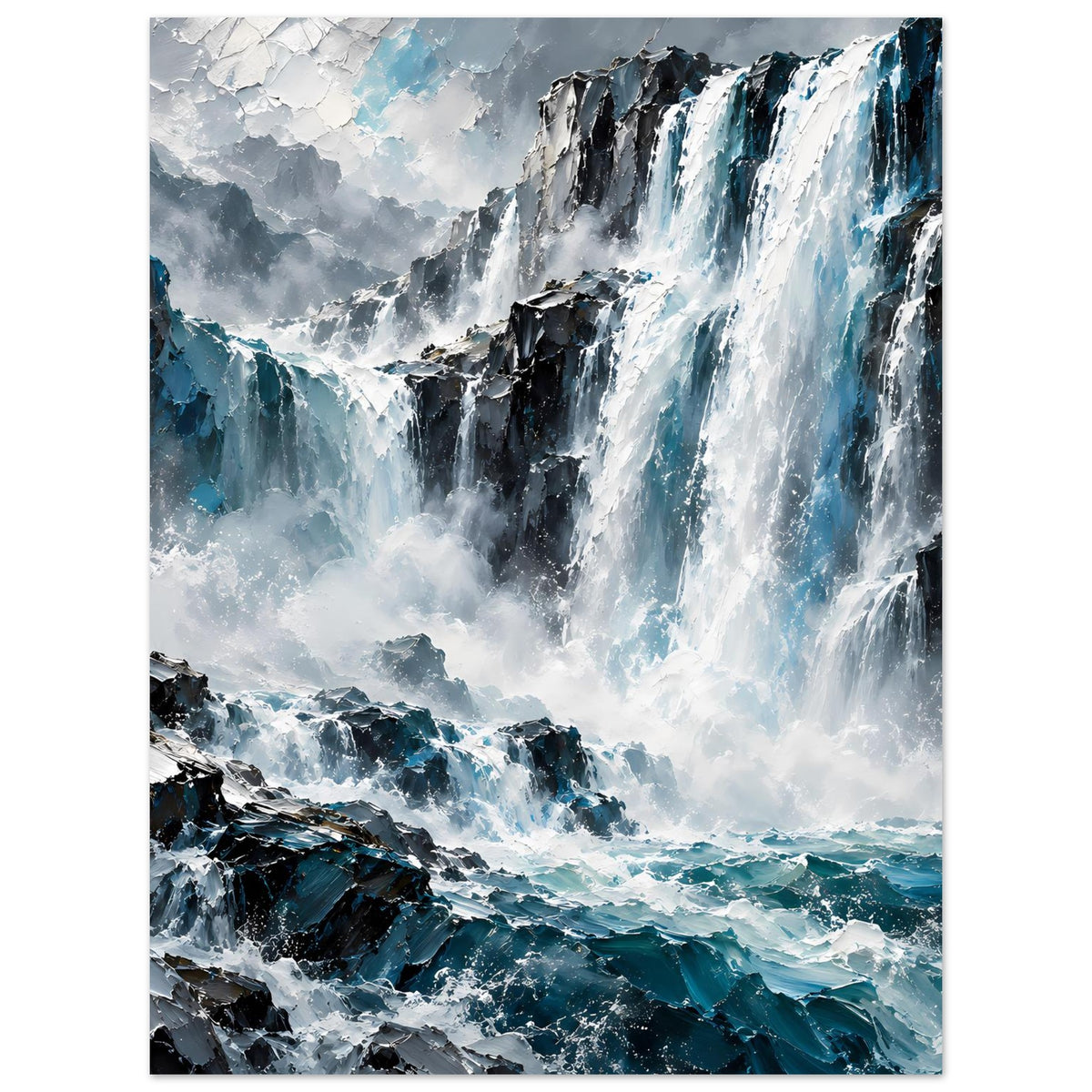 Vertikales Poster mit Wasserfall und rauem Fels, kühle Blau-Graunuancen