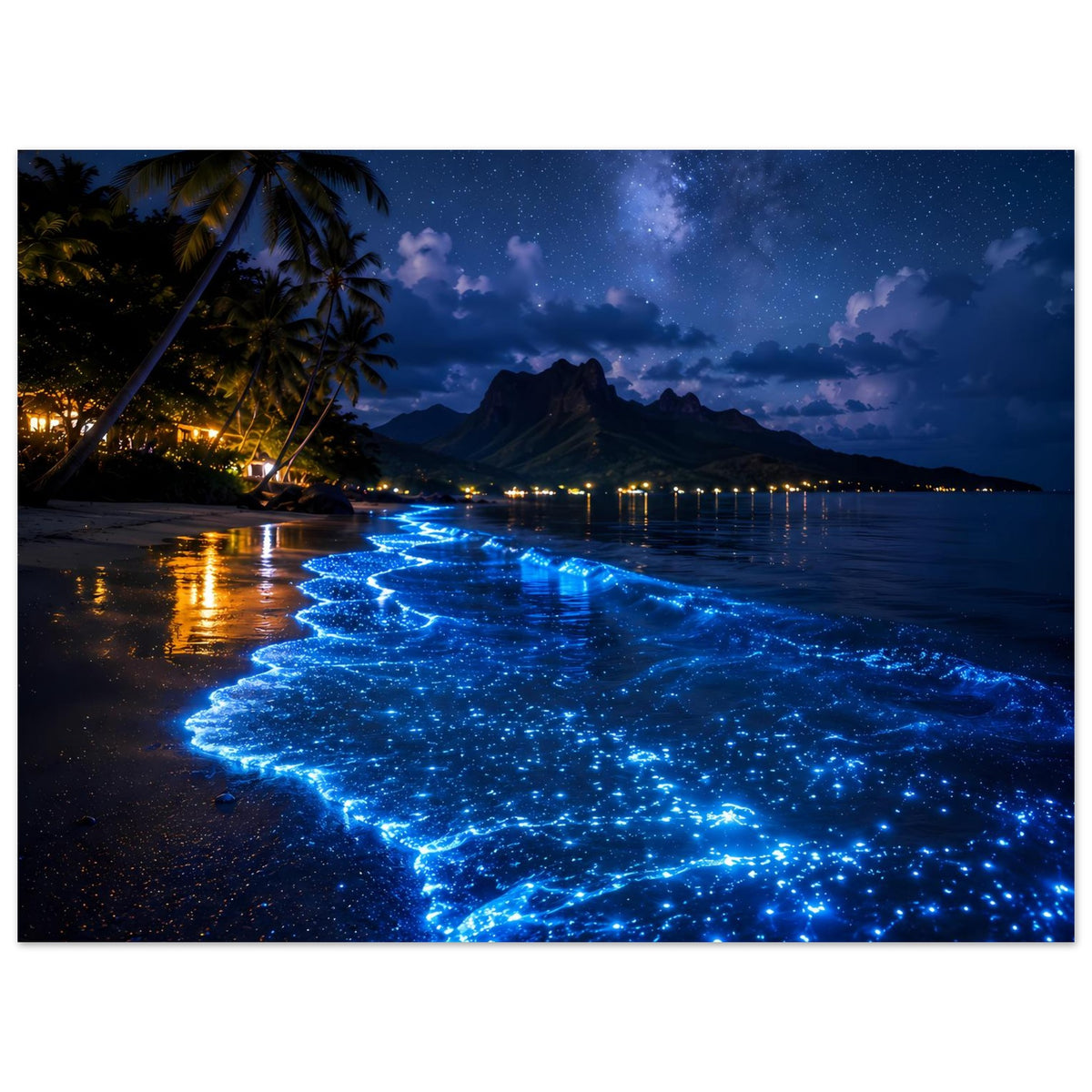 Nachtmeer-Poster mit leuchtend blauem Meeresglitzern am Strand und Palmwedeln links