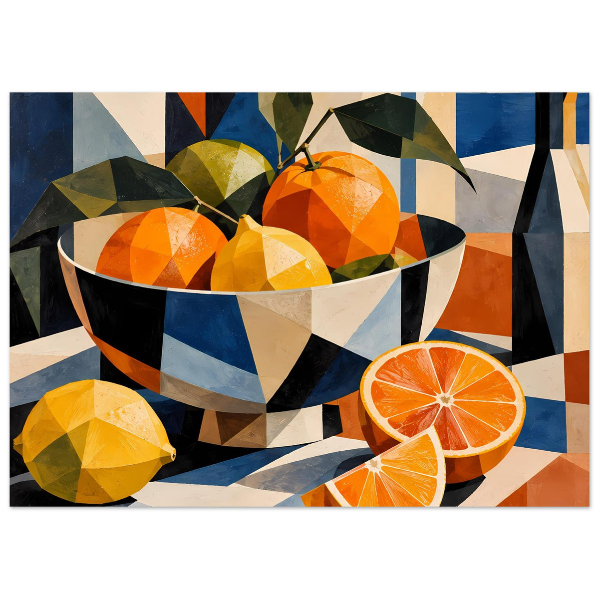 Poster-Detail: Schale mit Orangen und gelber Zitrone, Orangenscheiben im kubistischen Stil