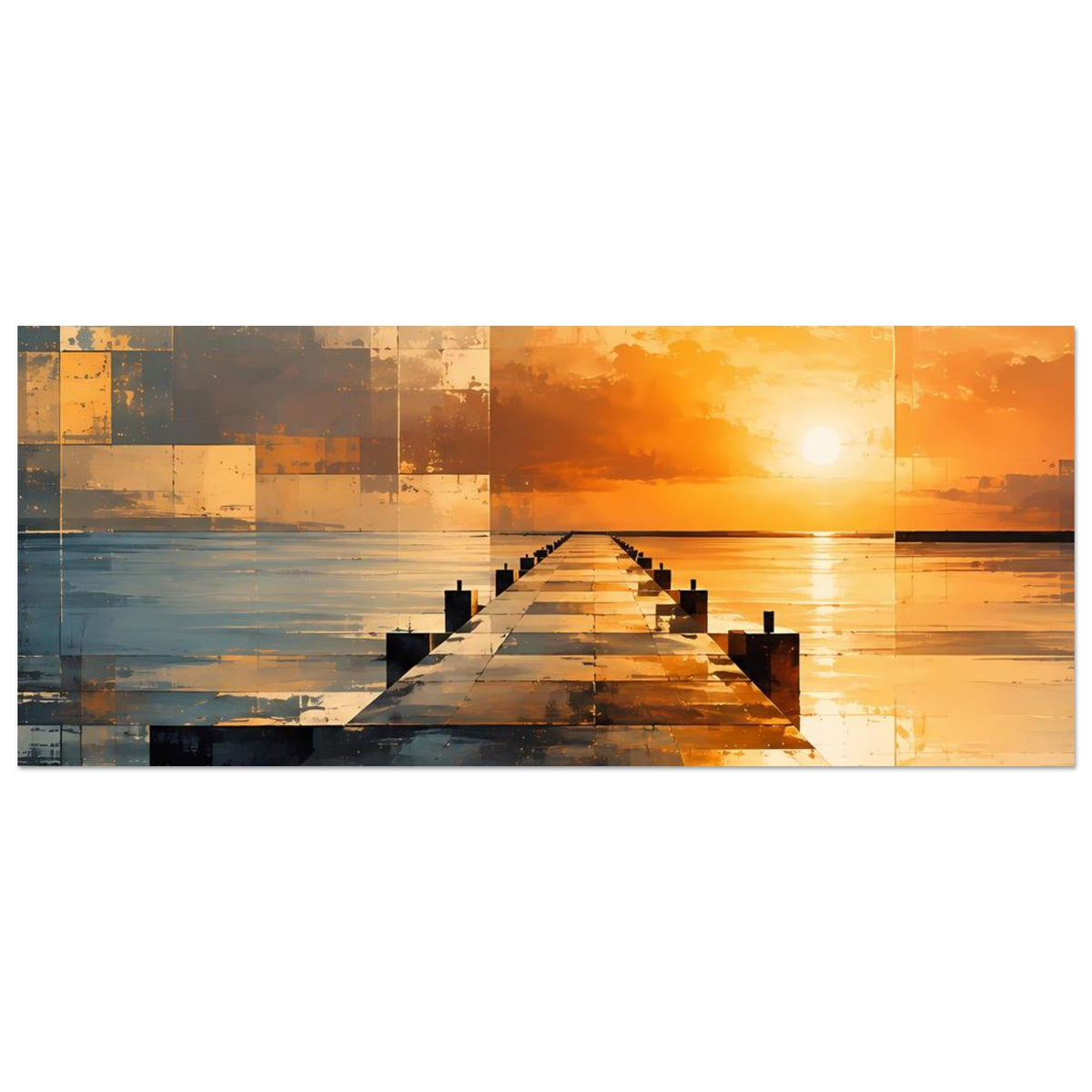 Abstraktes Sonnenuntergangs-Pier-Poster, breite Ausführung mit Steg und warmen Farbfeldern