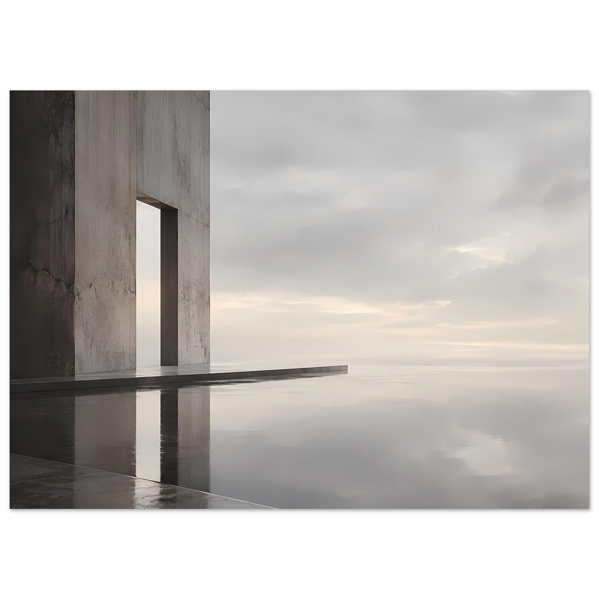 Architekturposter im Querformat mit Betonfassade, dunkler Spiegelachse und bewölktem Horizont