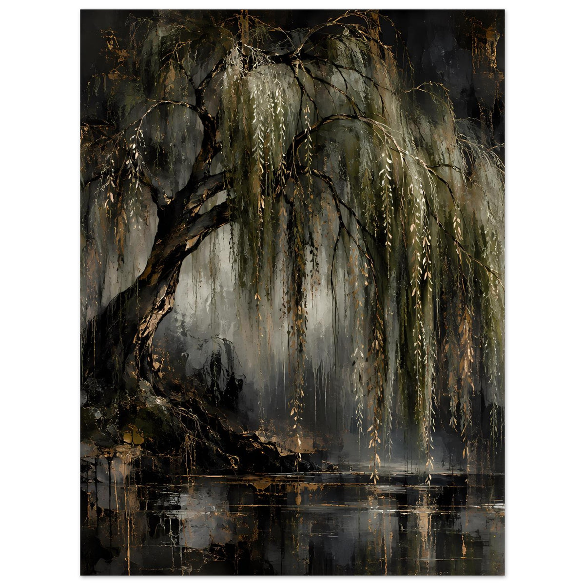 Naturposter mit weinender Trauerweide, goldenen Lichtakzenten und Spiegelung im Wasser