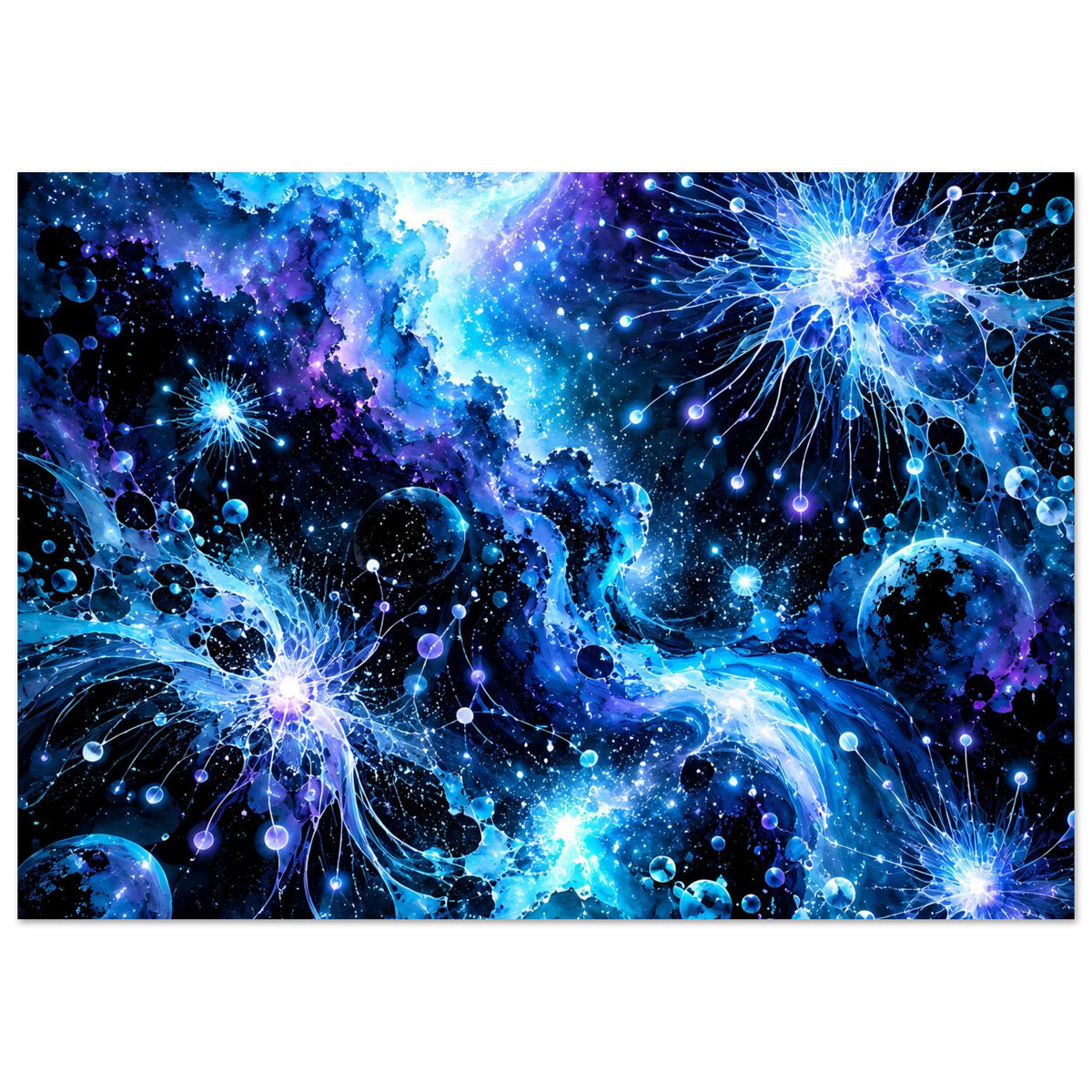 Leuchtendes galaktisches Poster mit blauen Sternnebeln, Kugelplaneten und Lichtbahnen