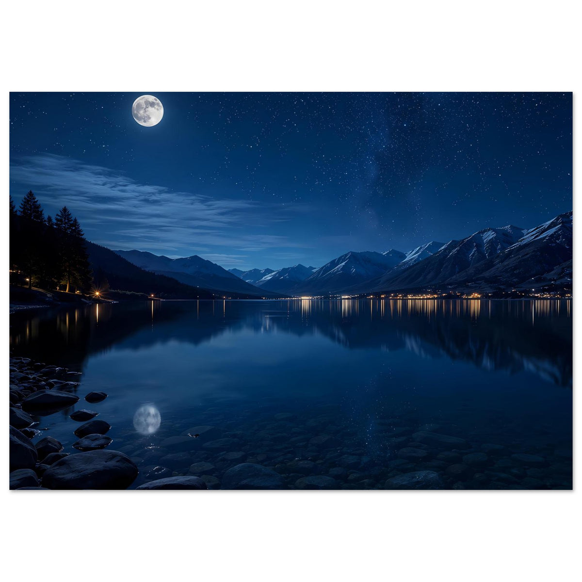 Poster mit Mond und Sternen über Bergsee, reflektiertes Licht und Steinufer im Blau