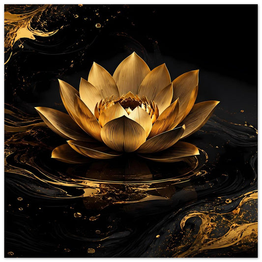 Quadratisches Zen-Poster mit goldener Lotusblüte auf dunklem schwarzem Wasser