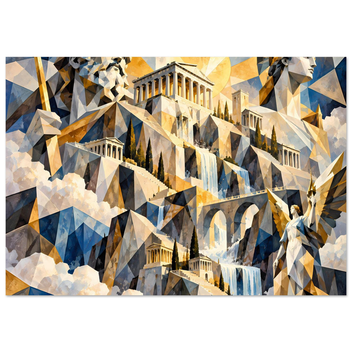 Kunstdruck-Poster mit griechischen Säulen, Wasserfall und Statuen im geometrischen Polygonstil