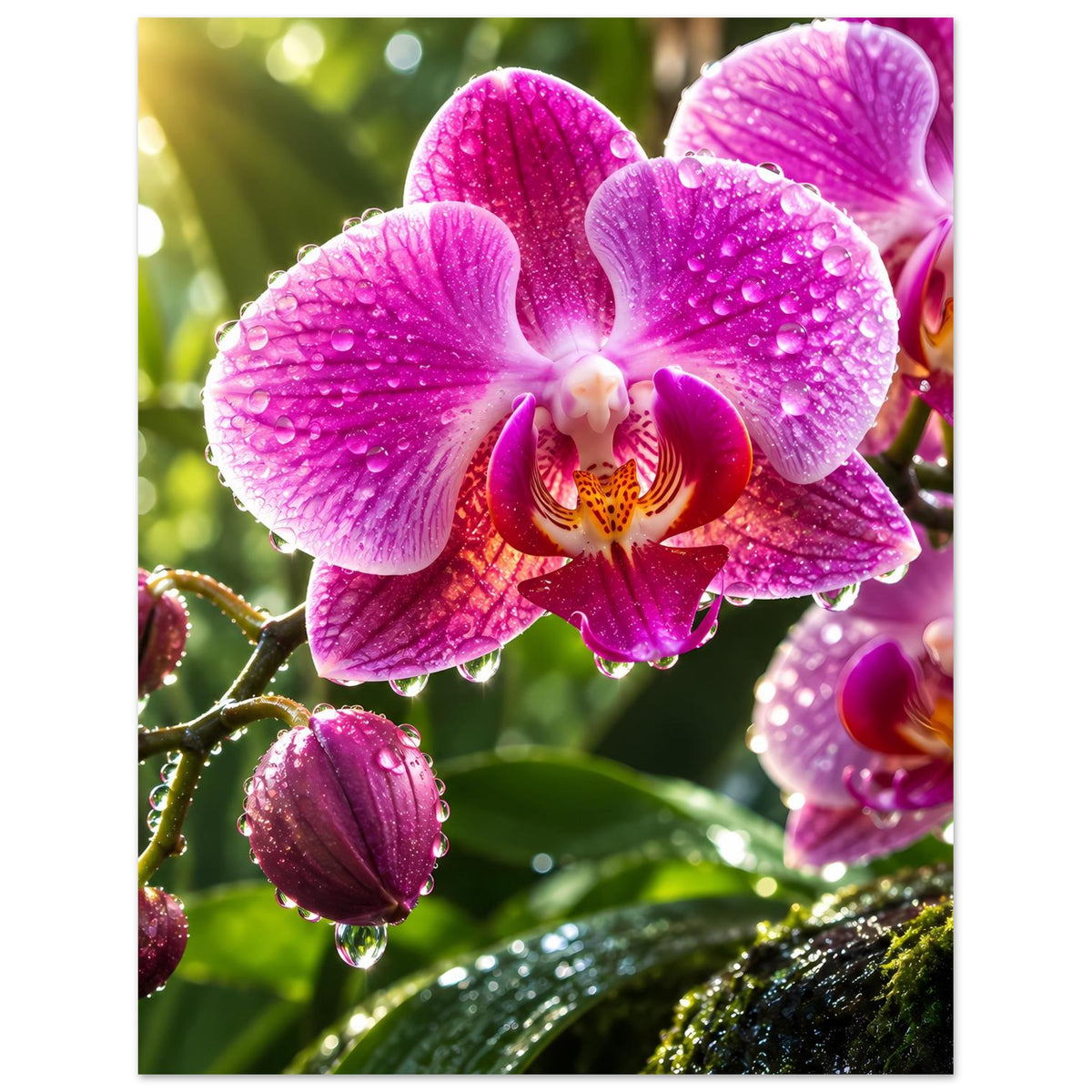 Blumenposter mit pinken Orchideenblüten, Wassertropfen und grünem Blätterhintergrund