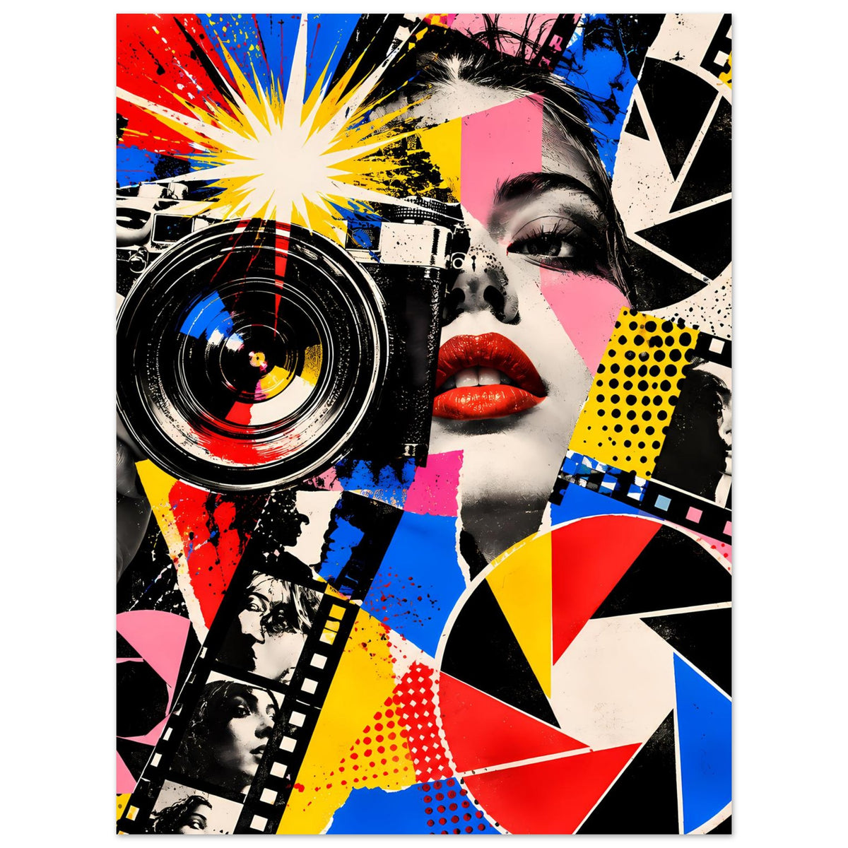 Fotografieposter Pop Art: Frauengesicht mit roten Lippen, Kameraobjektiv und Comic-Farbkacheln