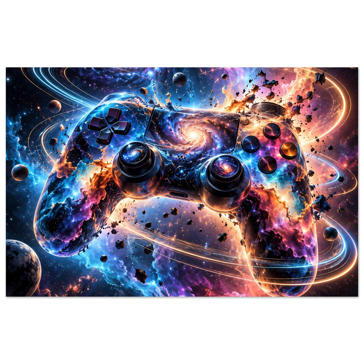 Gaming-Controller-Poster mit Galaxie-Motiv und Nebel, dynamischem Controller-Druck, Querformat