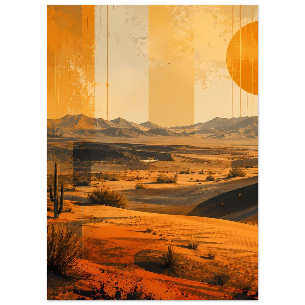 Vertikales Retro-Poster: Wüste mit Kakteen, Sanddünen, dunklen Bergen und orangefarbener Sonne