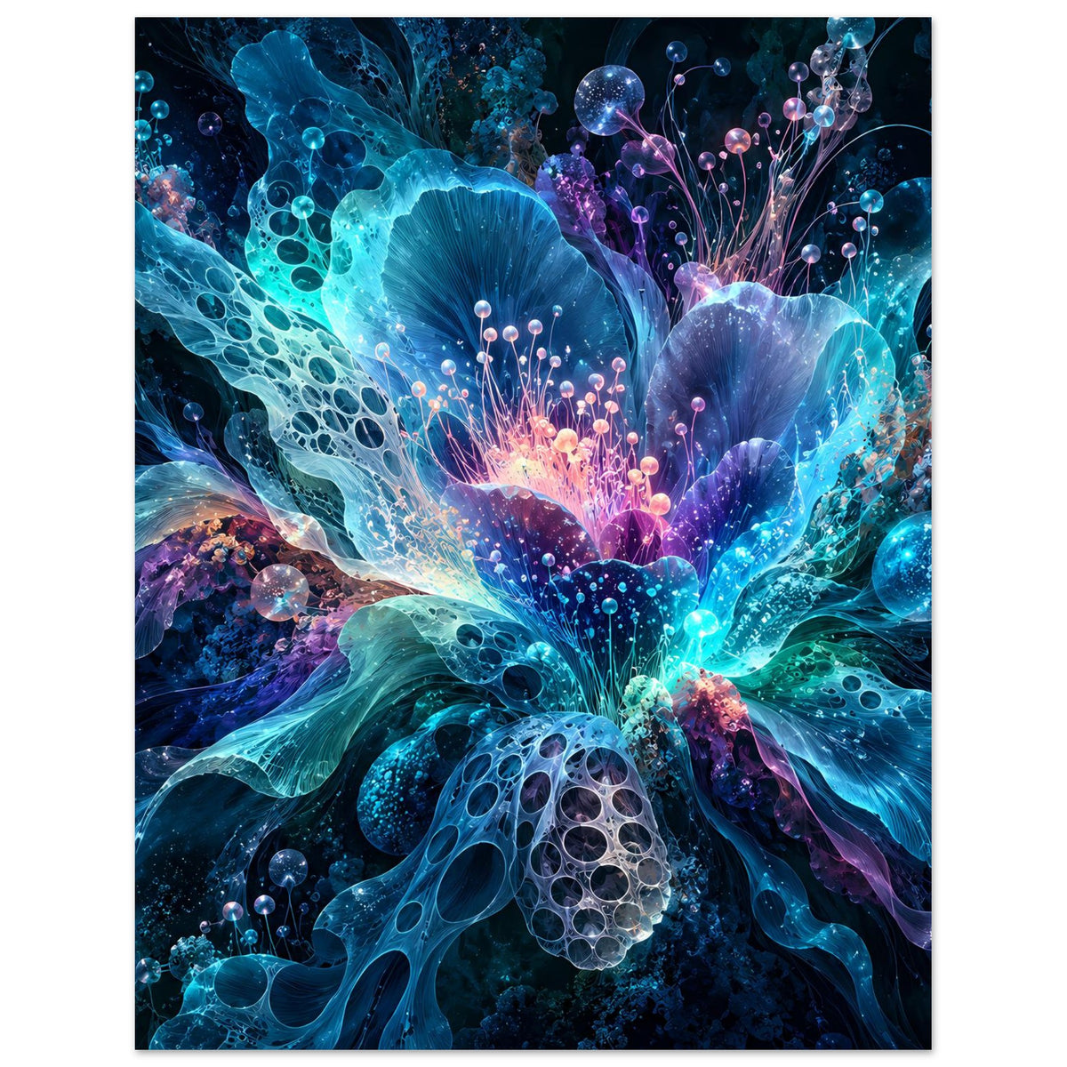 Leuchtendes Blumenposter mit zentraler blau-violetter Blüte und feinen Lichtpunkten