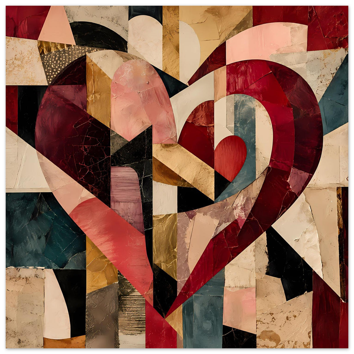 Abstraktes Herzposter mit geometrischer Patchwork-Collage in Rot, Beige und Dunkelblau