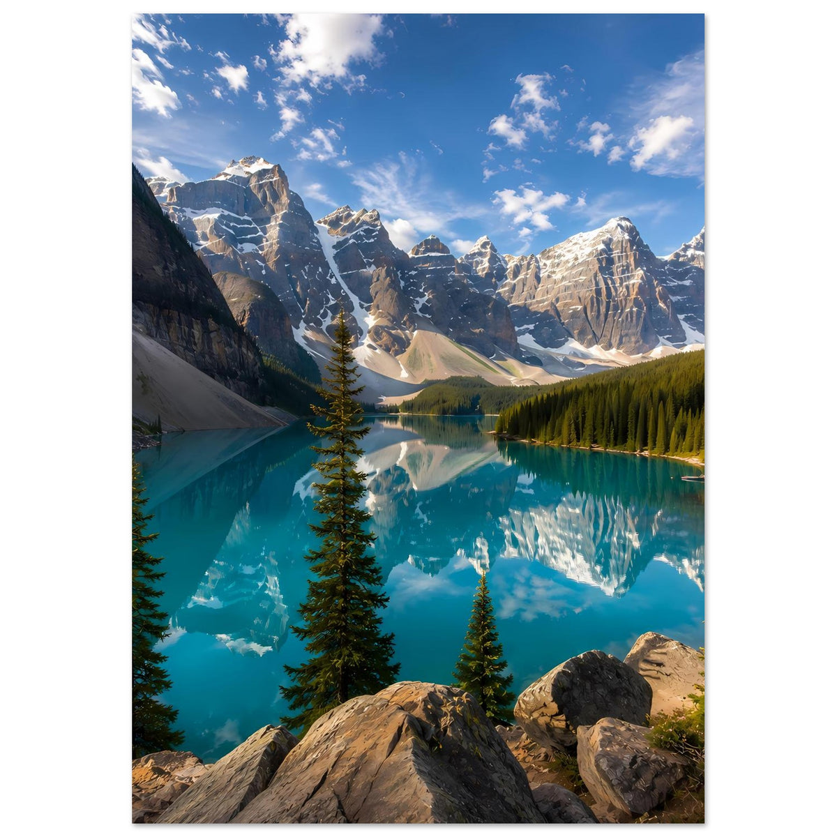 Vertikales Poster mit Bergsee und Fichten: klare Spiegelung im türkisfarbenen Wasser