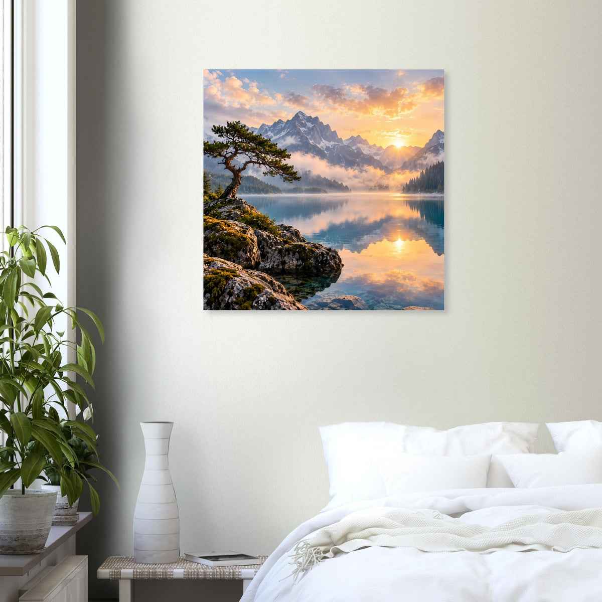 Kunstdruck-Poster mit Sonnenuntergangsfarben, See mit Spiegelung und Berggipfeln