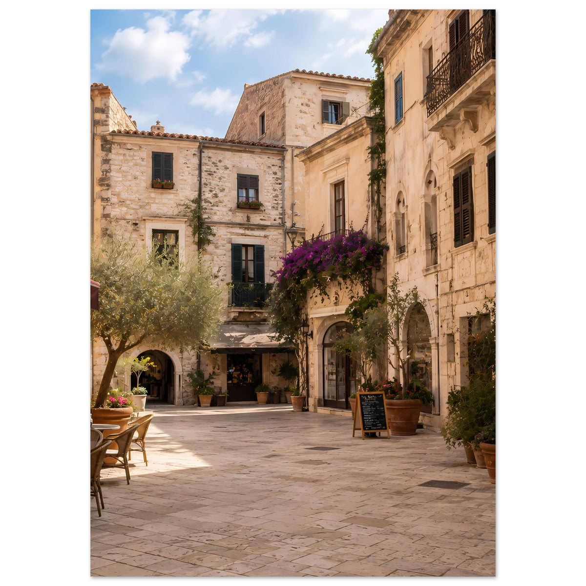 Posterdruck mit mediterraner Gasse, Steinwänden, Fenstern, Schatten und Blumendekoration