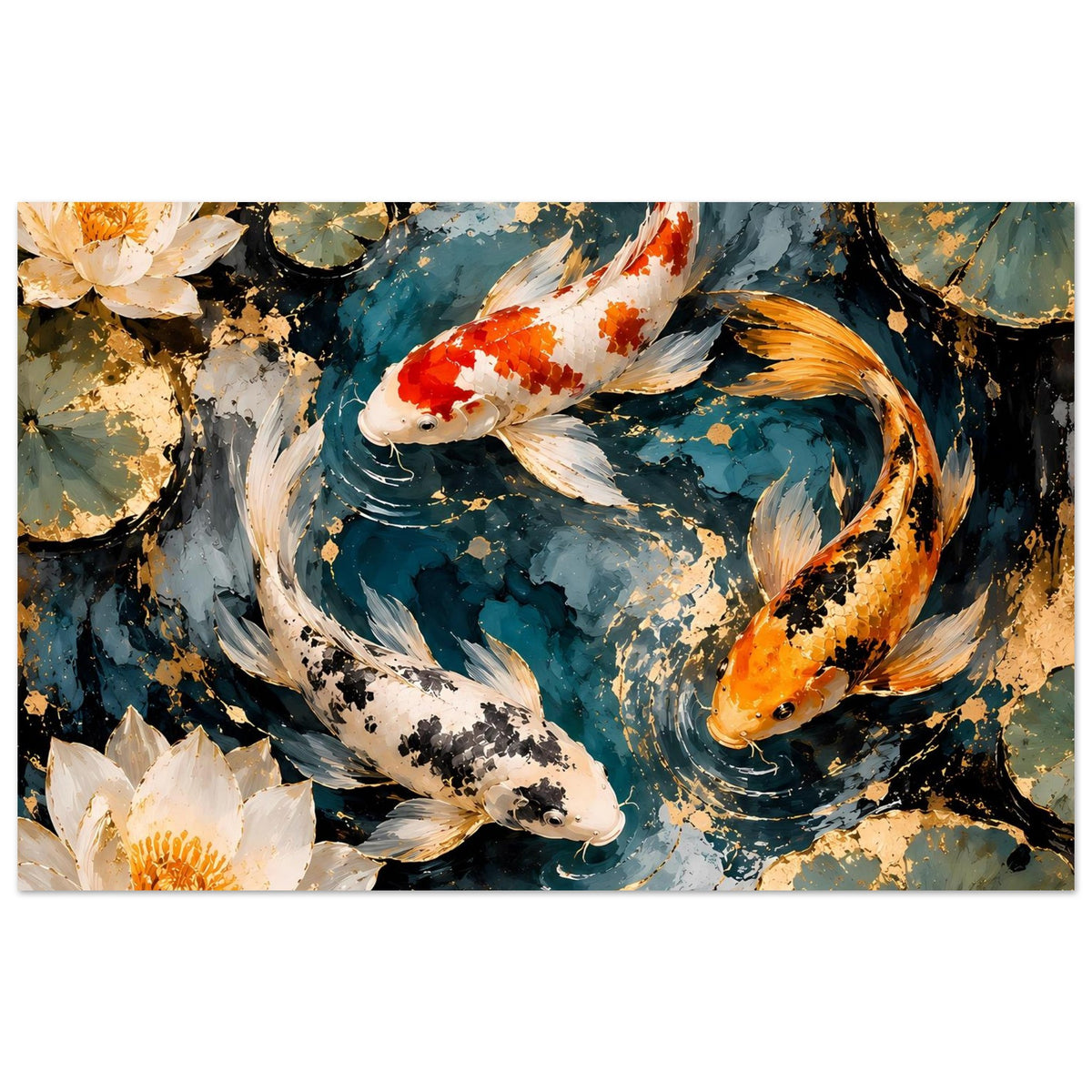 Kunstposter im Querformat: Koi-Fische und Seerosen, abstraktes Teichmotiv