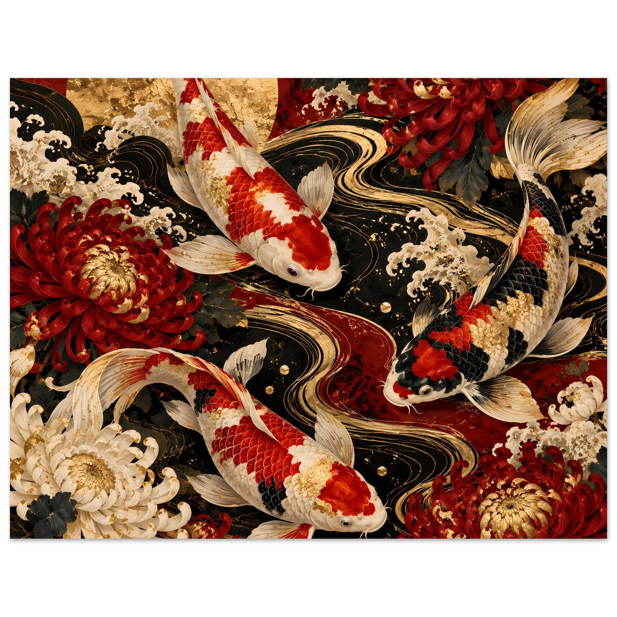 Koi-Karpfen-Poster mit mehreren Koi und Blumen, querformat, reiche Rot-Goldtöne