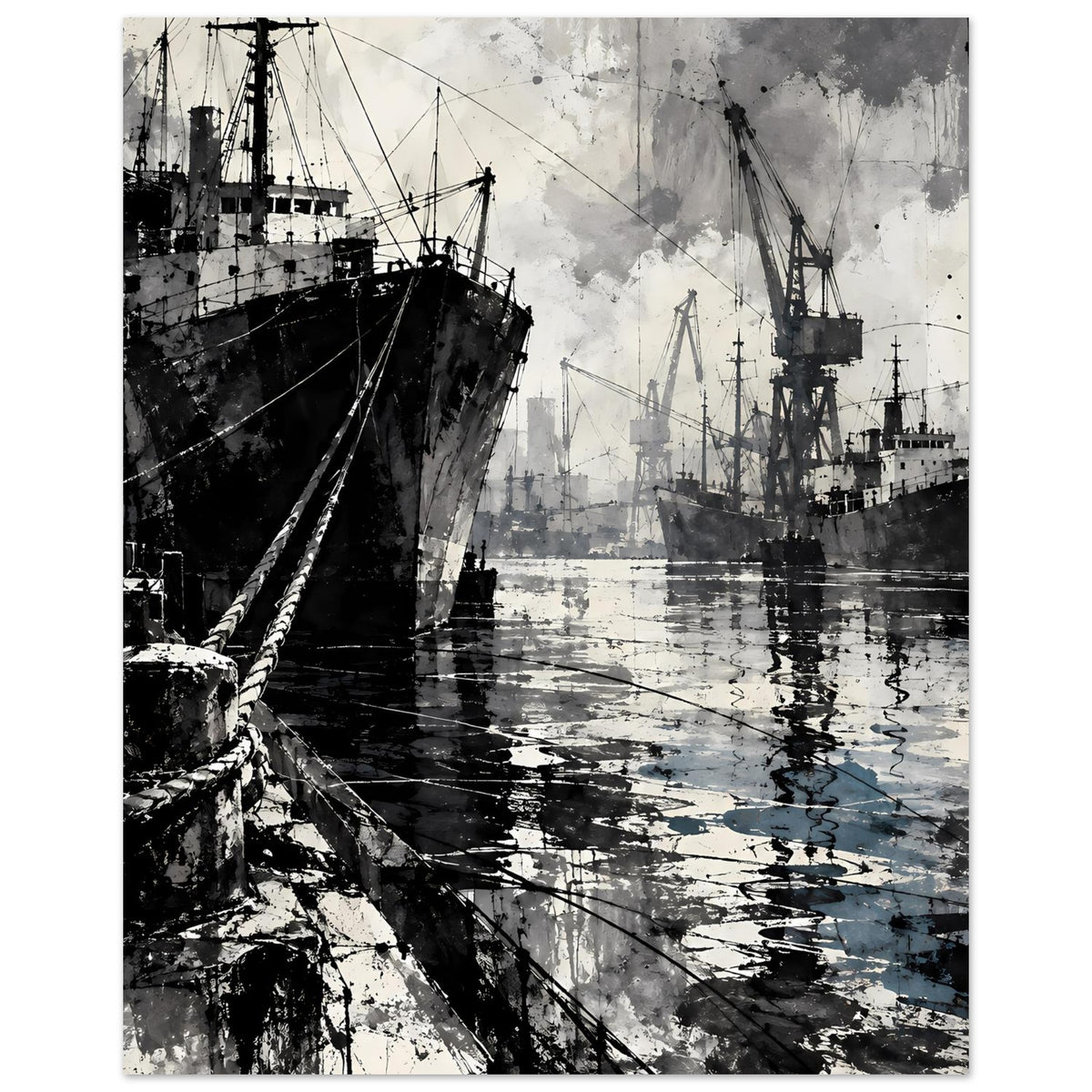 Maritimes Poster mit Hafenansicht: Schiffskante links, Hafenkräne und Docks rechts