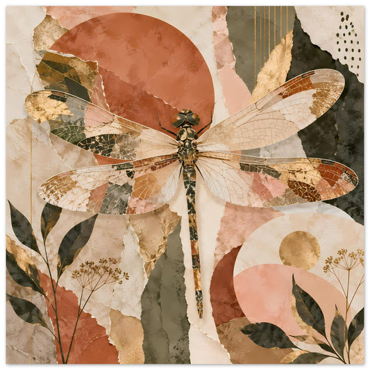 Boho-Drachenfliegen-Poster mit Collage aus Flügeln, Blättern und Pastellflächen im Hochformat