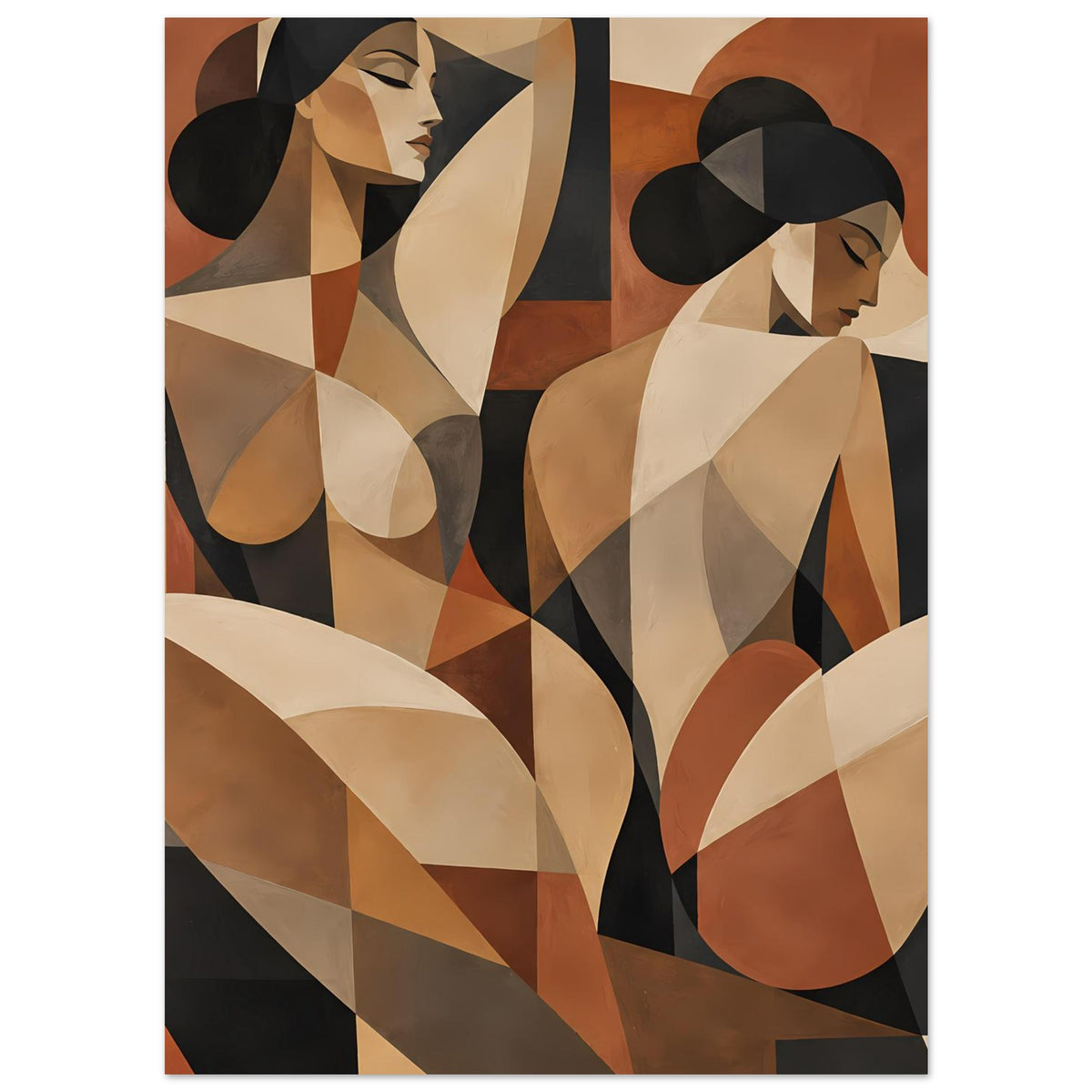 Abstraktes Poster mit zwei Frauenfiguren, erdige Farben, schwarze Haare, vollständige Komposition