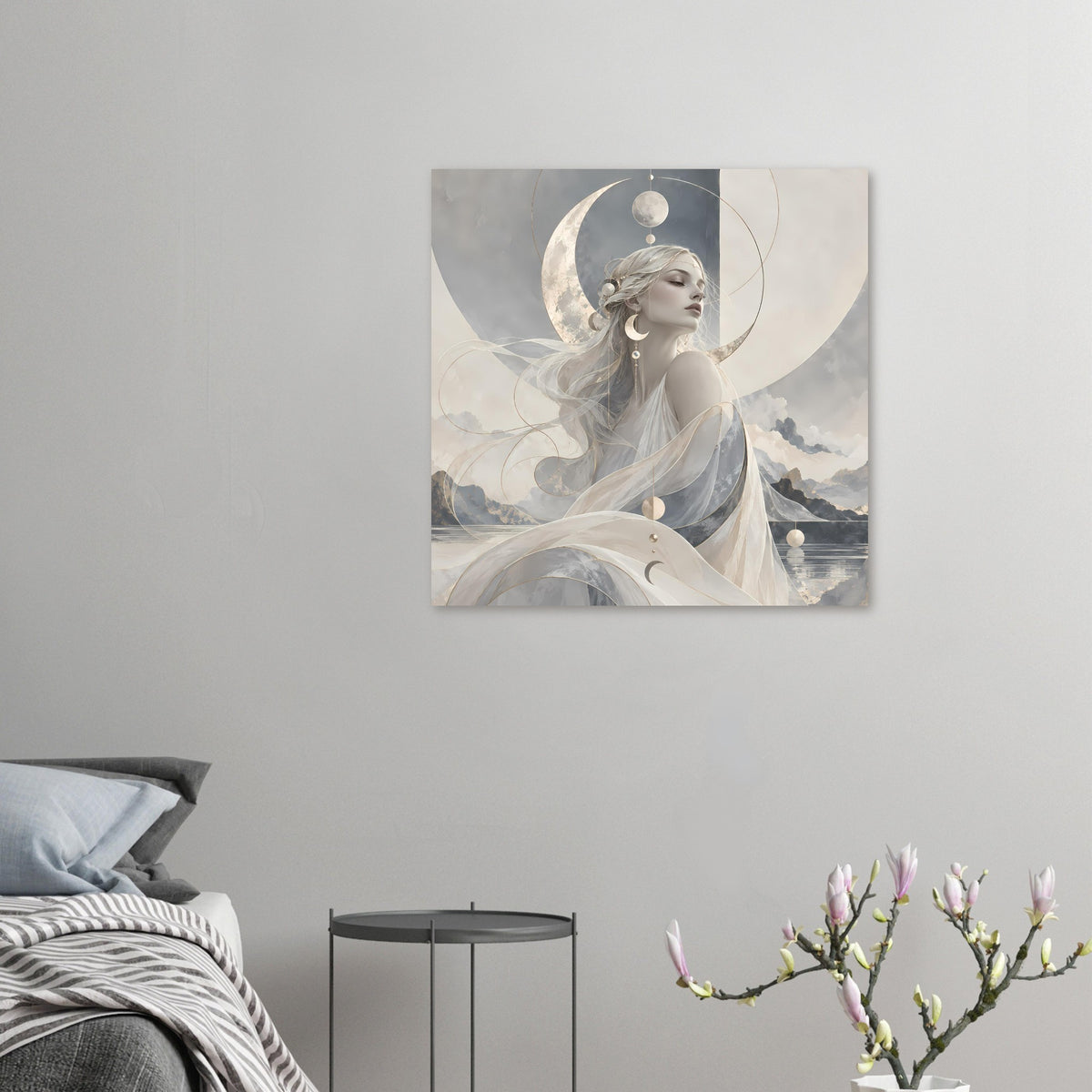 Kleines Wandposter mit Mondgöttin-Illustration in neutralen Grautönen und Halbmondmotiv.