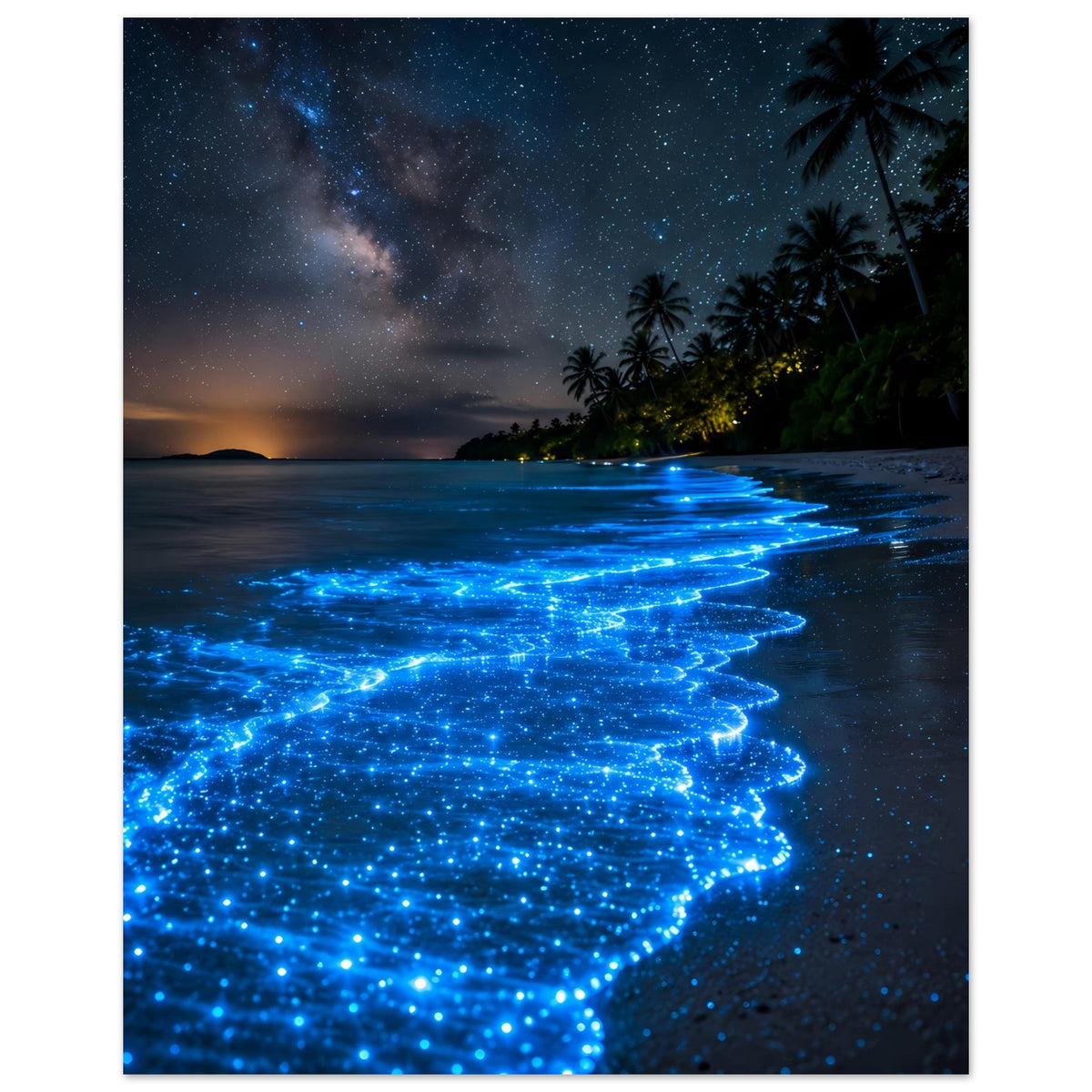 Strandposter mit blauem Leuchten entlang der Küste bei Nacht, Sternhimmel