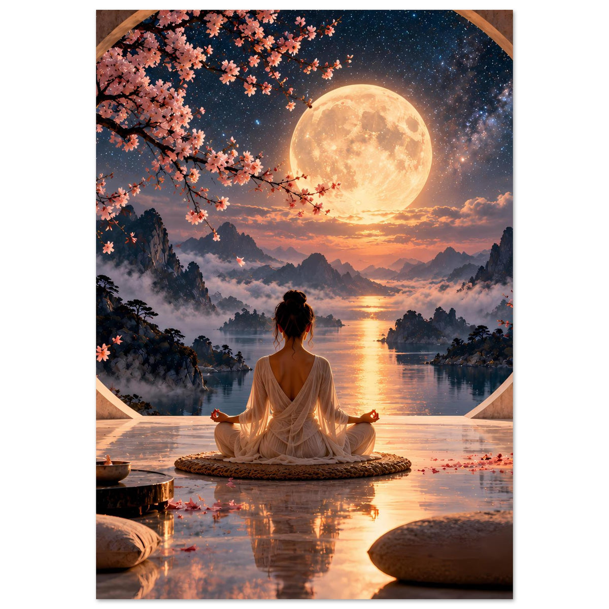 Zen-Meditationsposter im Hochformat, Meditierende im Vordergrund, Mondlandschaft und Flusslicht