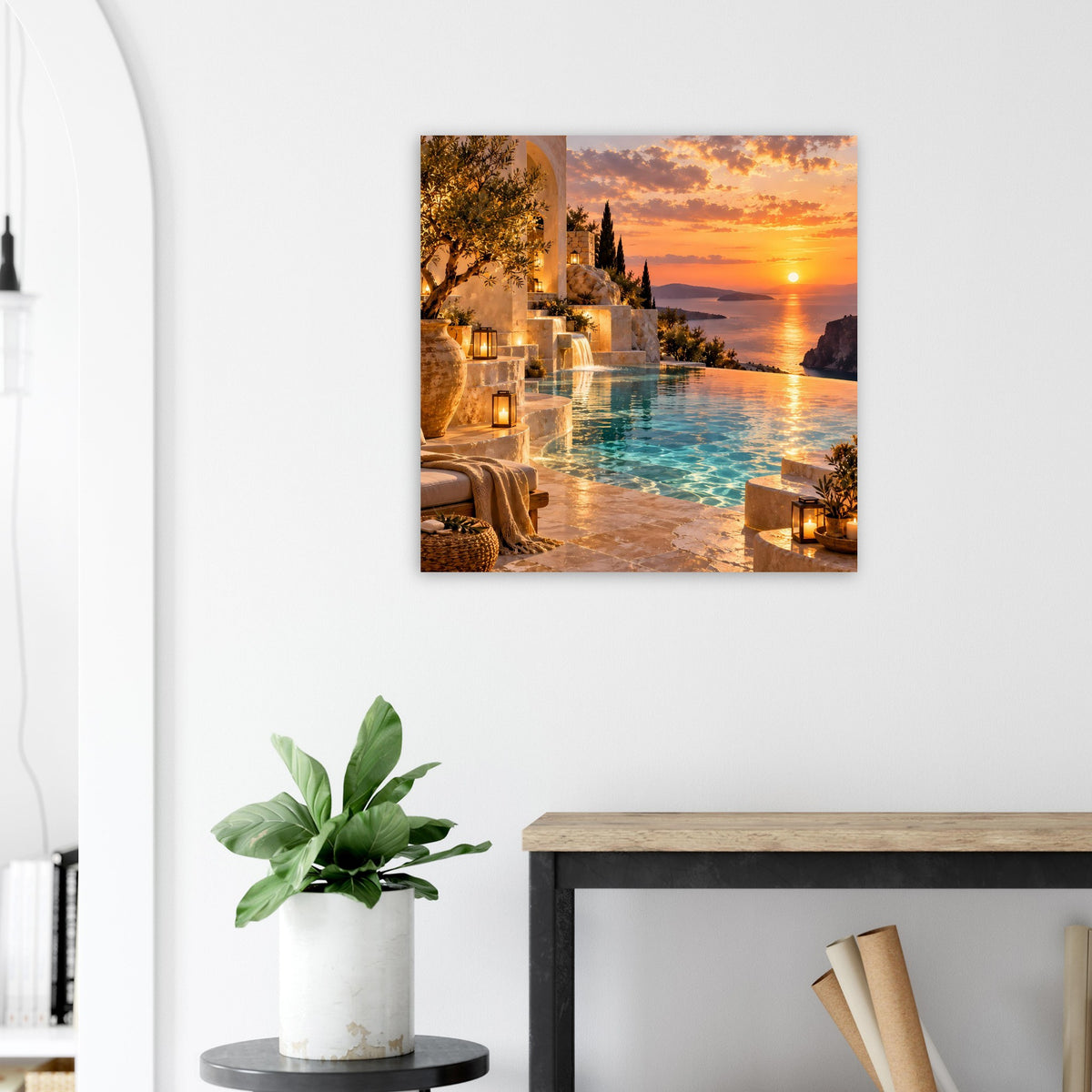 Quadratisches Poster mit Uferpromenade bei Sonnenuntergang, Abendsonne über dem Wasser