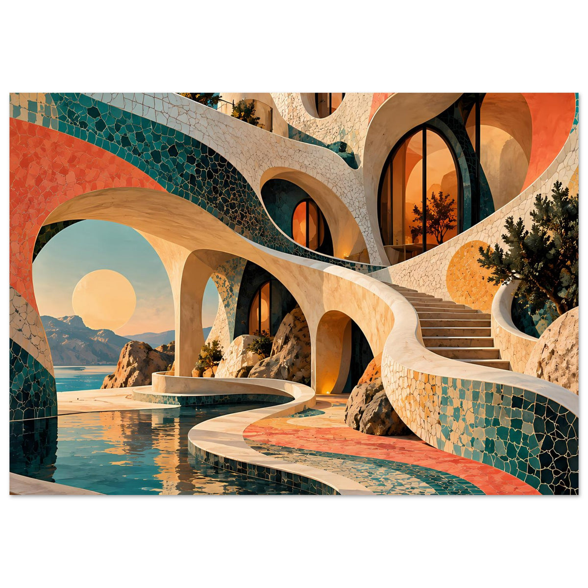 Kunstposter mit farbiger Mosaik-Architektur, Rundbögen, Pool und Stufen