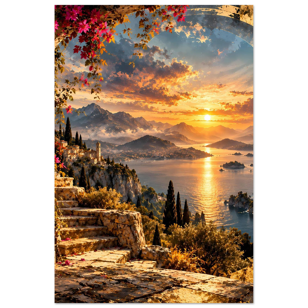 Küstenposter im Hochformat: Treppen am Hang, orange Wolken über Meer bei Sonnenuntergang