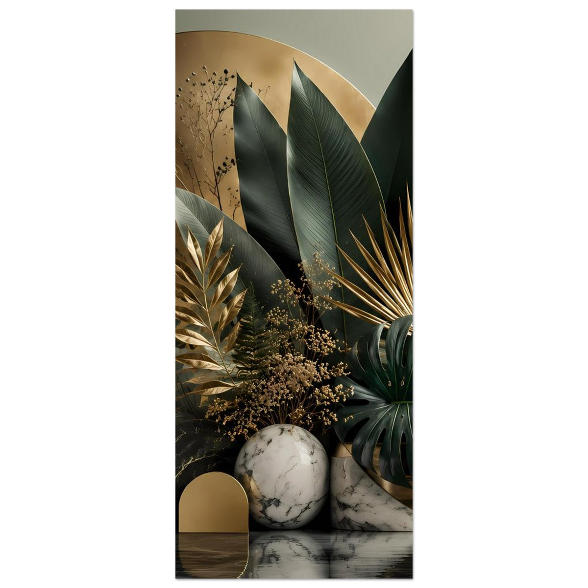 Vertikales Poster: botanische Blätter, goldene Strahlen und Marmor-Kugel im unteren Bereich