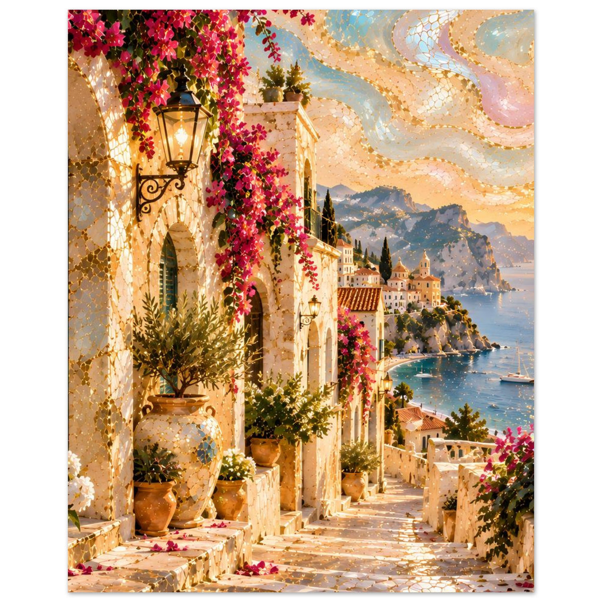 Poster im Hochformat mit mediterranem Gassenblick, Laternen, Rosenblüten und Meereslinie