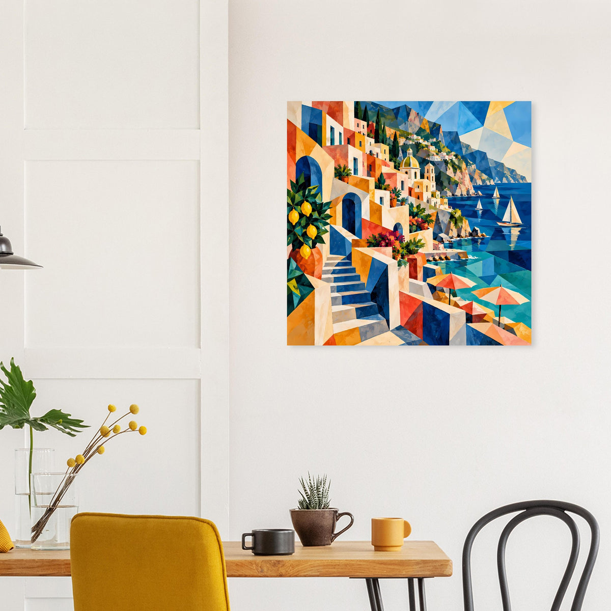 Quadratisches Poster mit farbenfroher Hafenansicht, Treppen und Booten
