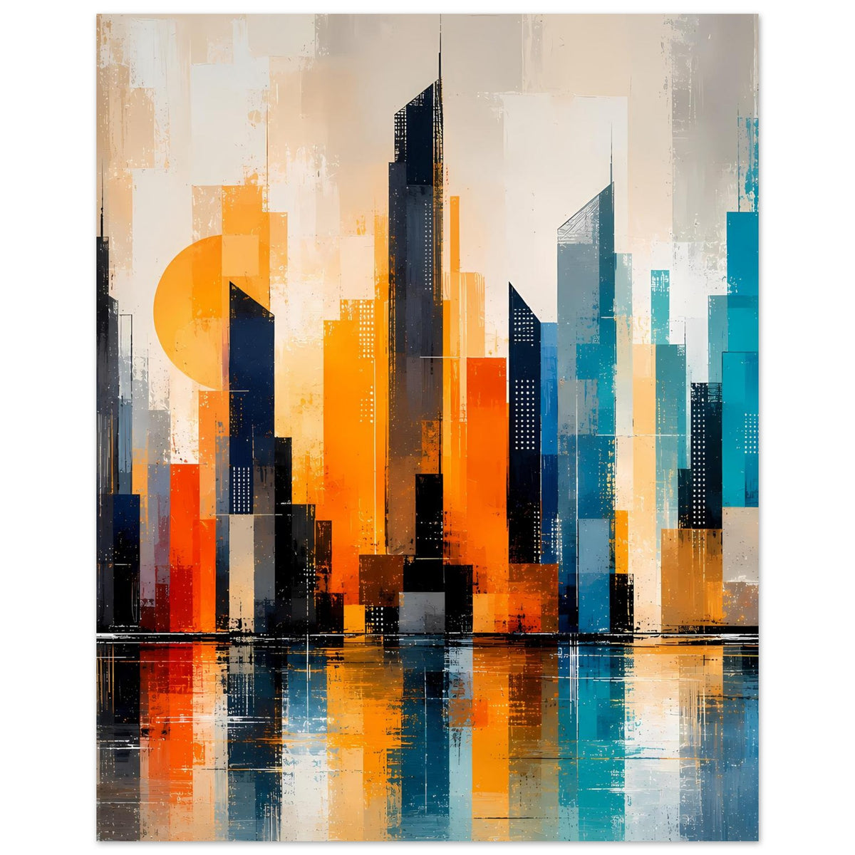 Abstraktes Stadtposter mit orangefarbenem Kreis-Element und türkisfarbener Skyline