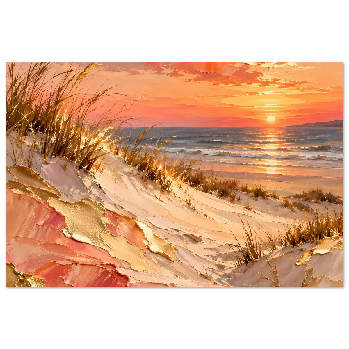 Meerposter: Strandlandschaft mit Dünen und Wellen, Pfirsich- und Goldtönen